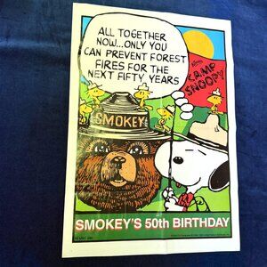Snoopy & Smokey The Bear Poster 50th Anniversary Vintage Woodstock 1990’s